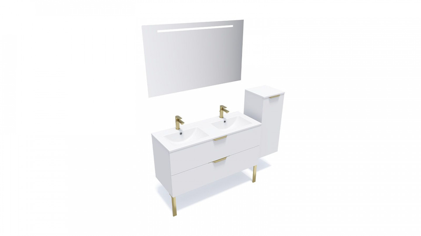 Meuble de salle de bain suspendu double vasque intégrée 120cm 2 tiroirs Blanc + miroir + colonne ouverture droite - Swing