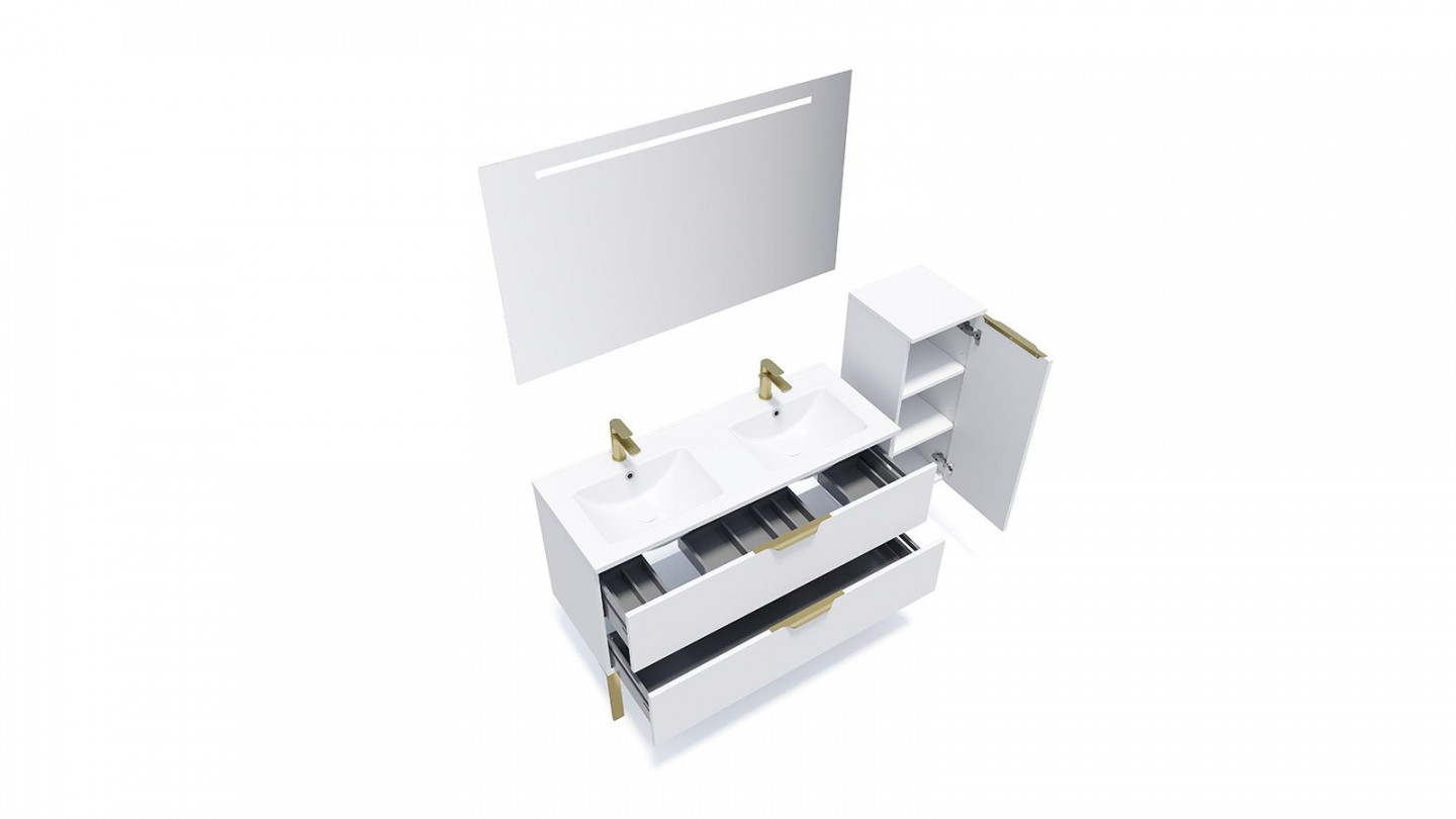 Meuble de salle de bain suspendu double vasque intégrée 120cm 2 tiroirs Blanc + miroir + colonne ouverture droite - Swing
