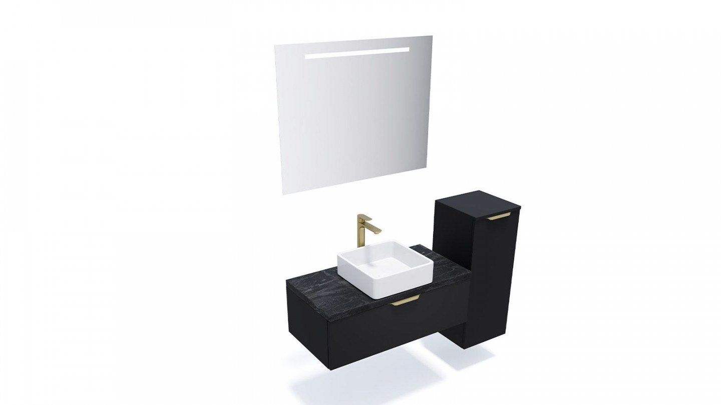 Meuble de salle de bain suspendu vasque à poser 90cm 1 tiroir Noir + miroir + colonne ouverture droite - Swing