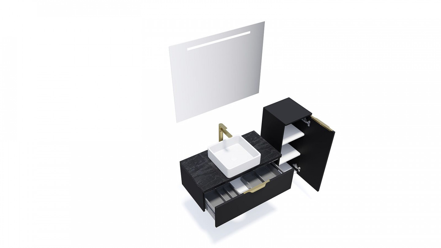 Meuble de salle de bain suspendu vasque à poser 90cm 1 tiroir Noir + miroir + colonne ouverture droite - Swing