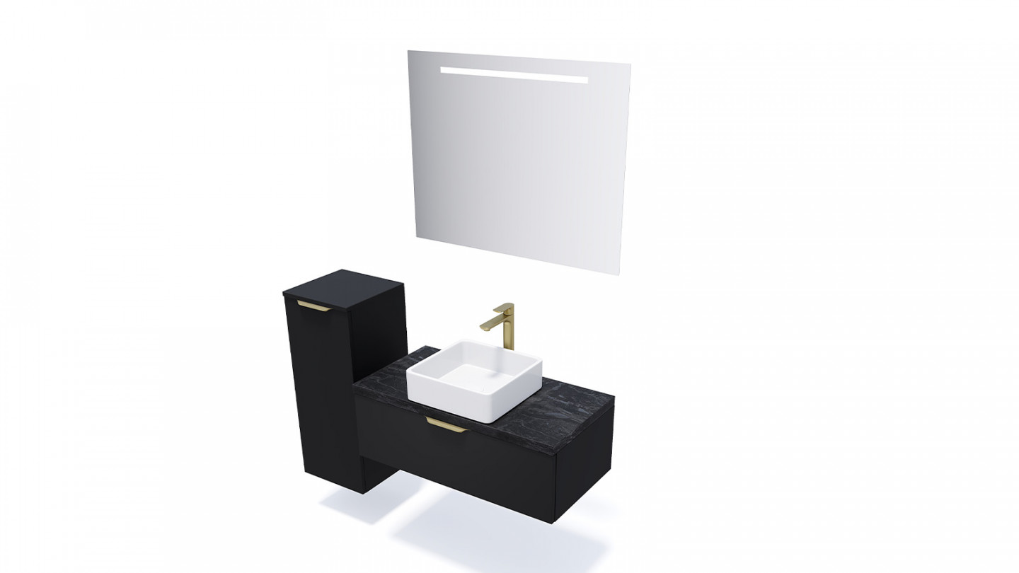 Meuble de salle de bain suspendu vasque à poser 90cm 1 tiroir Noir + miroir + colonne ouverture gauche - Swing