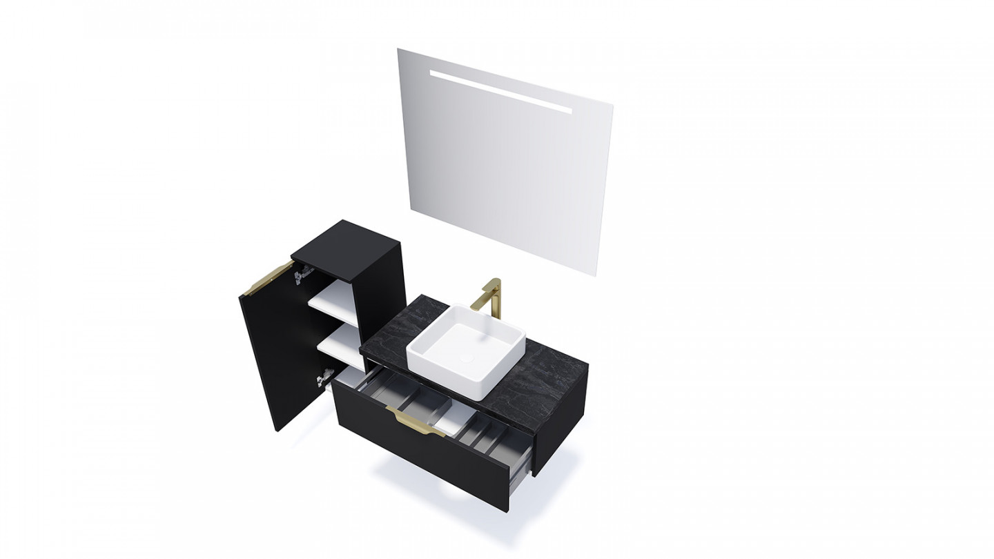 Meuble de salle de bain suspendu vasque à poser 90cm 1 tiroir Noir + miroir + colonne ouverture gauche - Swing