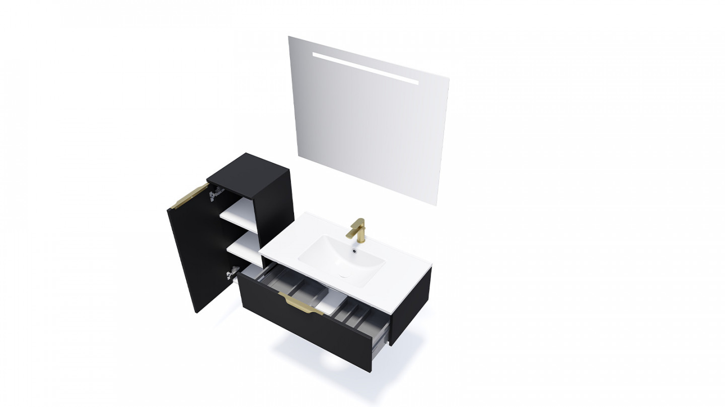 Meuble de salle de bain suspendu vasque intégrée 90cm 1 tiroir Noir + miroir + colonne ouverture gauche - Swing