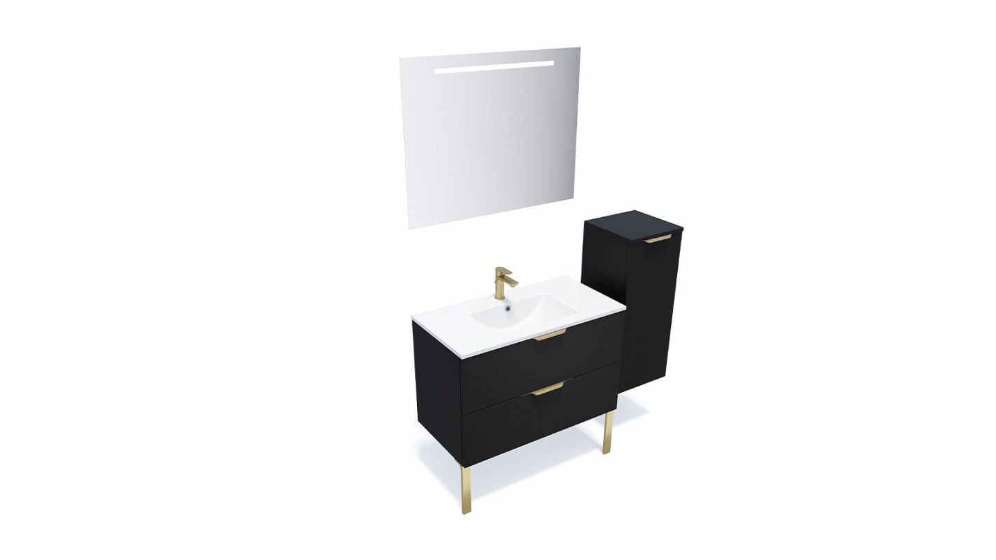 Meuble de salle de bain suspendu vasque intégrée 90cm 2 tiroirs Noir + miroir + colonne ouverture droite - Swing