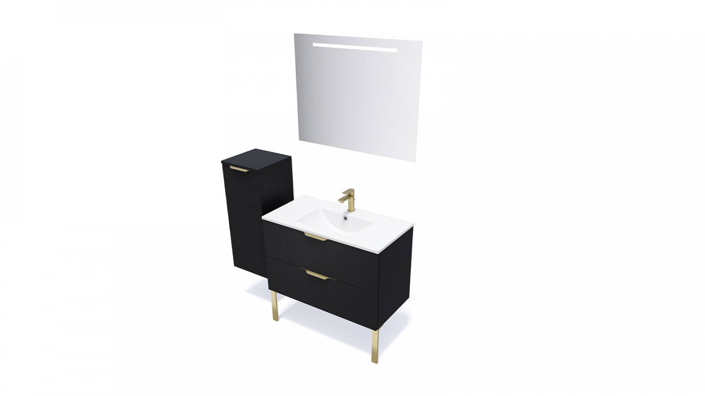 Meuble de salle de bain suspendu vasque intégrée 90cm 2 tiroirs Noir + miroir + colonne ouverture gauche - Swing