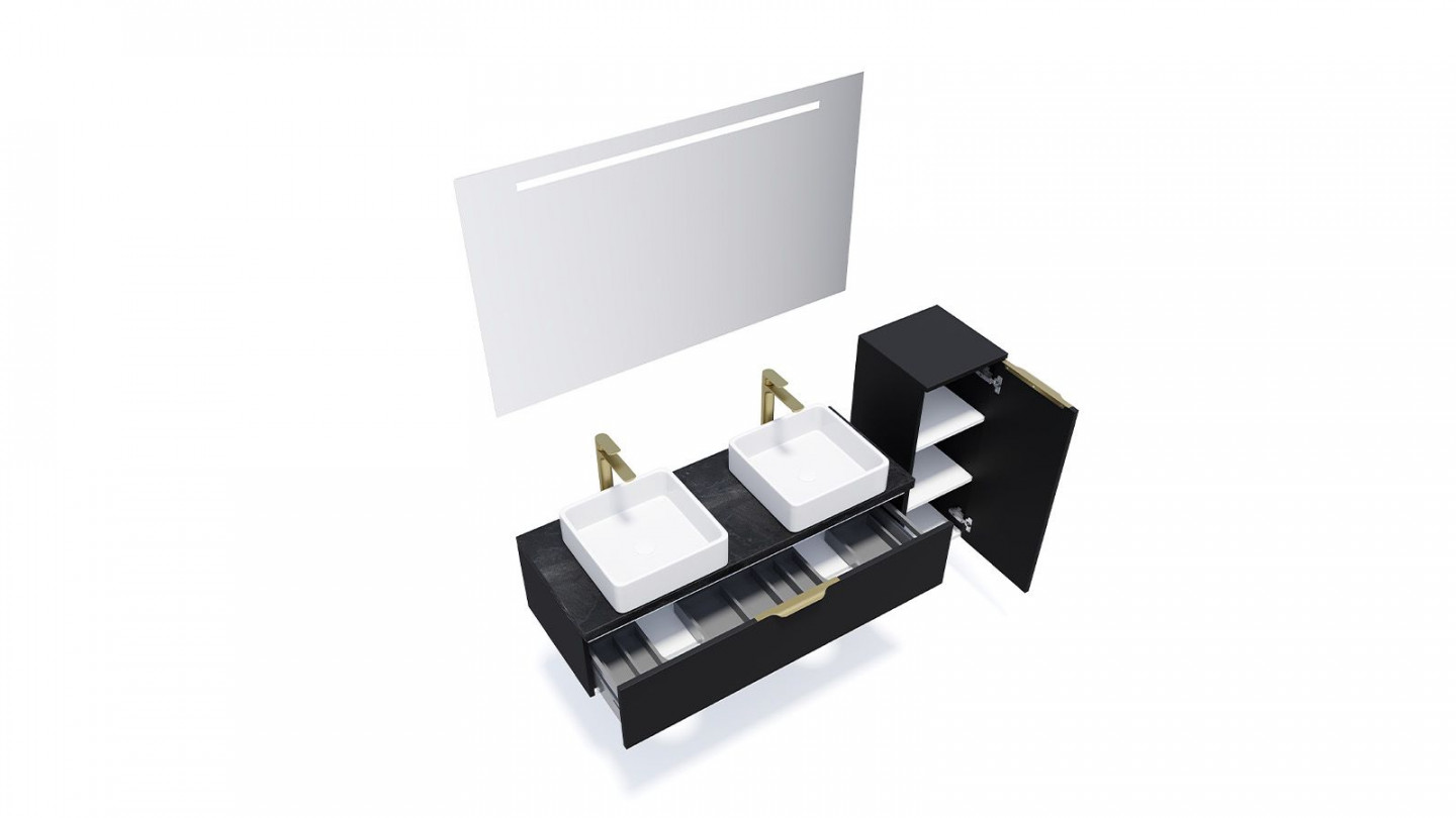 Meuble de salle de bain suspendu 2 vasques à poser 120cm 1 tiroir Noir + miroir + colonne ouverture droite - Swing