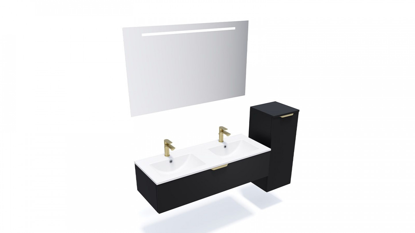 Meuble de salle de bain suspendu double vasque intégrée 120cm 1 tiroir Noir + miroir + colonne ouverture droite - Swing