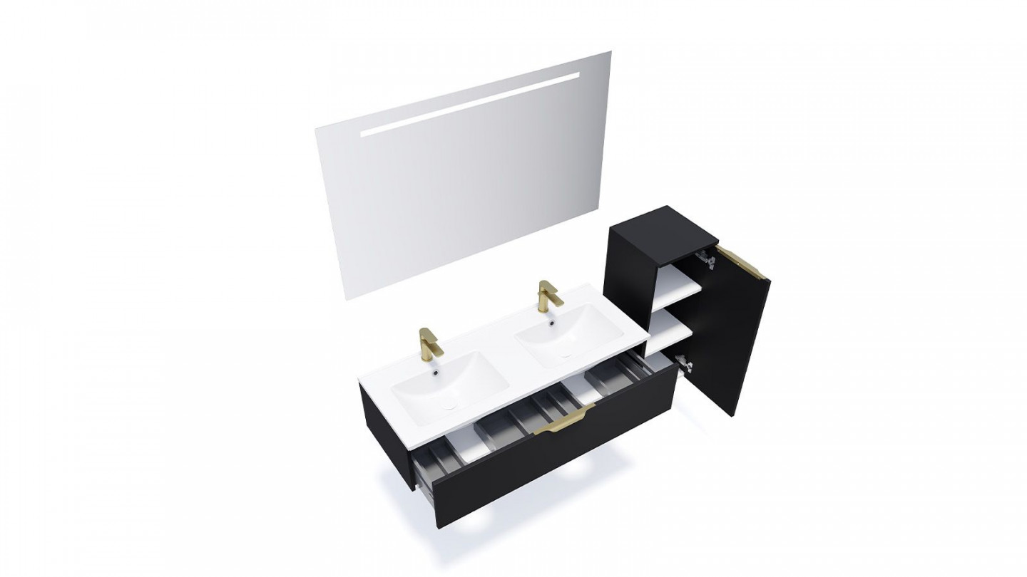 Meuble de salle de bain suspendu double vasque intégrée 120cm 1 tiroir Noir + miroir + colonne ouverture droite - Swing