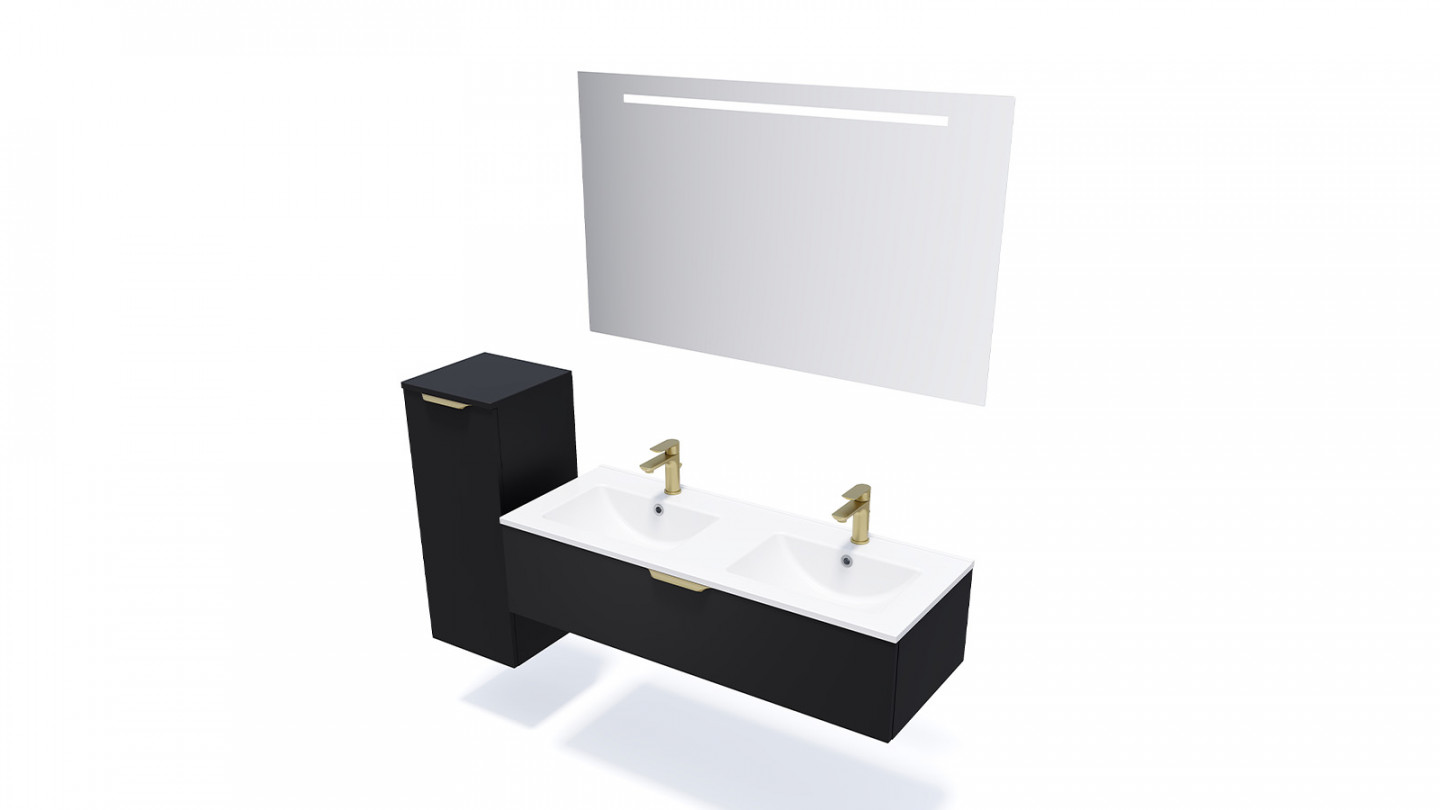 Meuble de salle de bain suspendu double vasque intégrée 120cm 1 tiroir Noir + miroir + colonne ouverture gauche - Swing