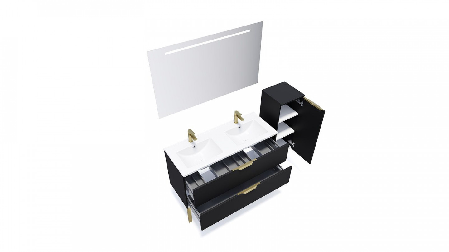 Meuble de salle de bain suspendu double vasque intégrée 120cm 2 tiroirs Noir + miroir + colonne ouverture droite - Swing