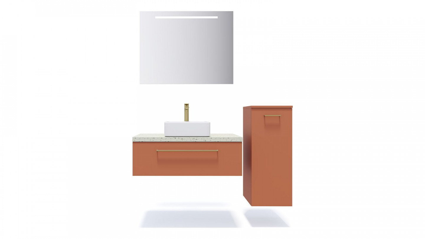Meuble de salle de bain suspendu vasque à poser 90cm 1 tiroir Terracotta + miroir + colonne ouverture droite - Osmose