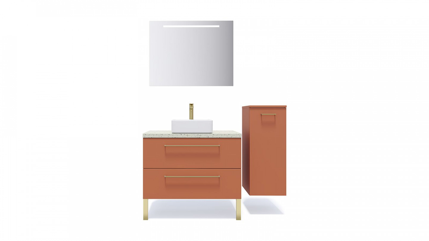 Meuble de salle de bain suspendu vasque à poser 90cm 2 tiroirs Terracotta + miroir + colonne ouverture droite - Osmose