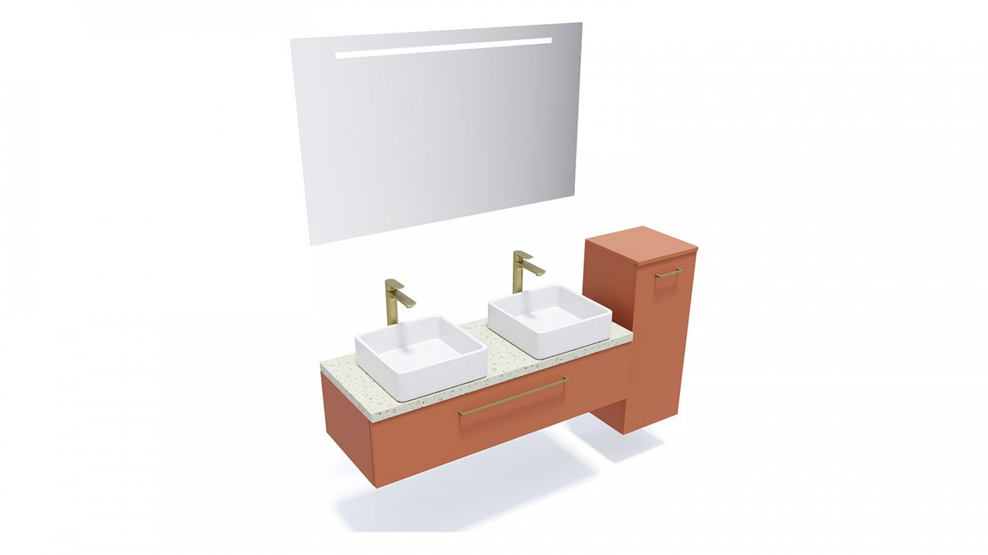 Meuble de salle de bain suspendu 2 vasques à poser 120cm 1 tiroir Terracotta + miroir + colonne ouverture droite - Osmose