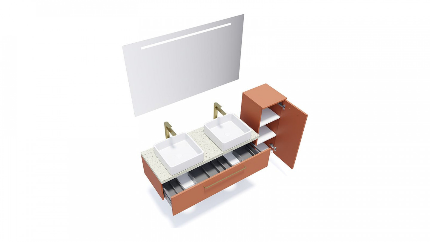 Meuble de salle de bain suspendu 2 vasques à poser 120cm 1 tiroir Terracotta + miroir + colonne ouverture droite - Osmose