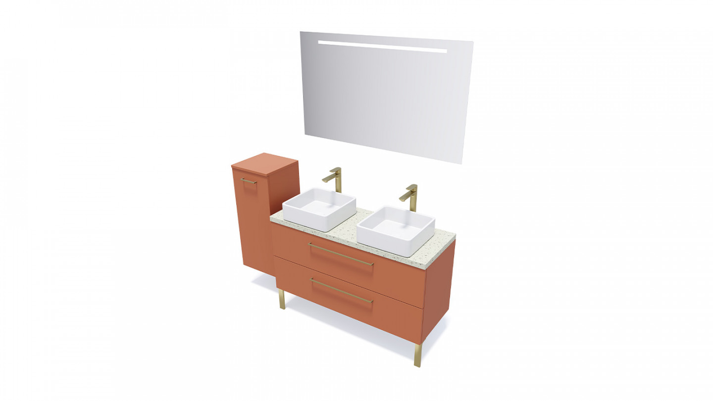 Meuble de salle de bain suspendu 2 vasques à poser 120cm 2 tiroirs Terracotta + miroir + colonne ouverture gauche - Osmose