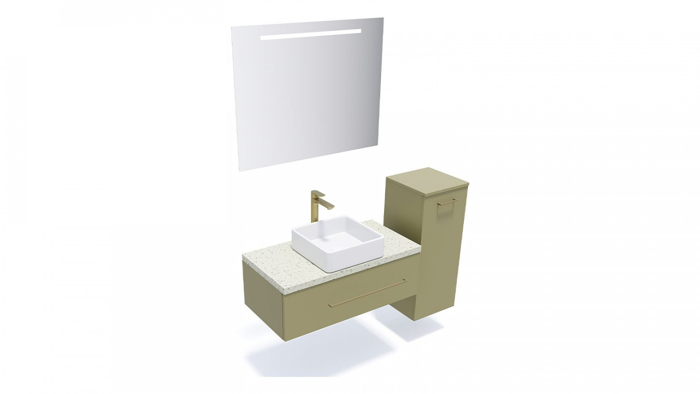 Meuble de salle de bain suspendu vasque à poser 90cm 1 tiroir Vert olive + miroir + colonne ouverture droite - Osmose
