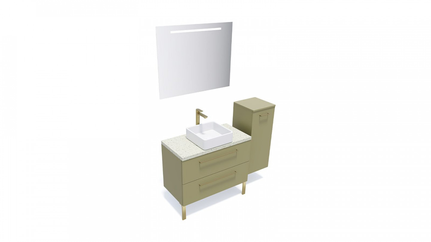 Meuble de salle de bain suspendu vasque à poser 90cm 2 tiroirs Vert olive + miroir + colonne ouverture droite - Osmose