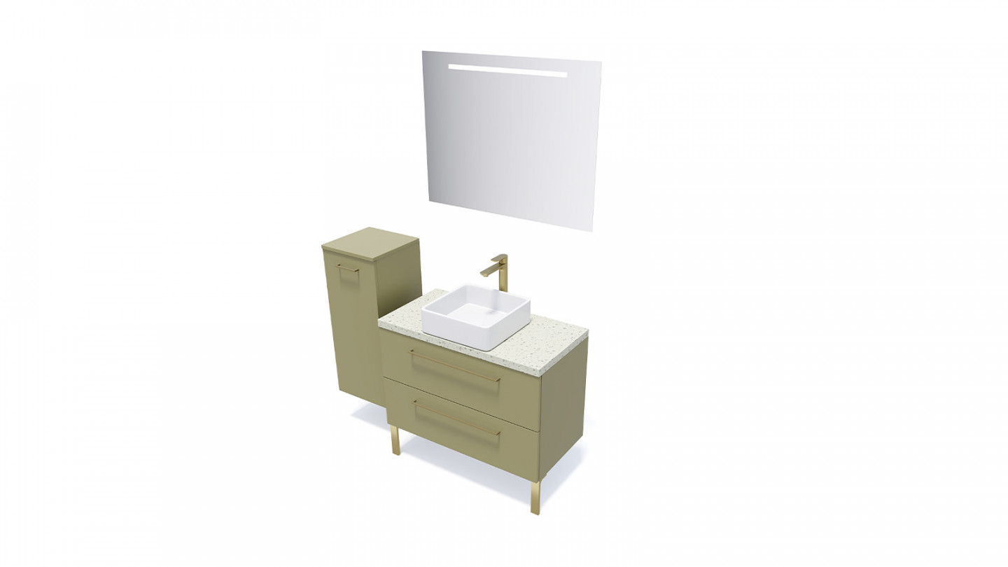 Meuble de salle de bain suspendu vasque à poser 90cm 2 tiroirs Vert olive + miroir + colonne ouverture gauche - Osmose