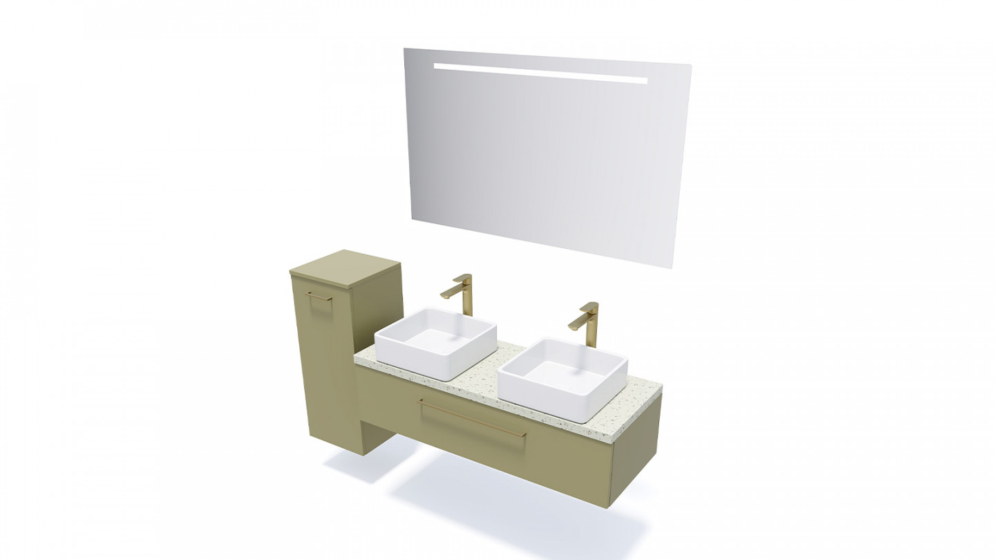 Meuble de salle de bain suspendu 2 vasques à poser 120cm 1 tiroir Vert olive - Osmose