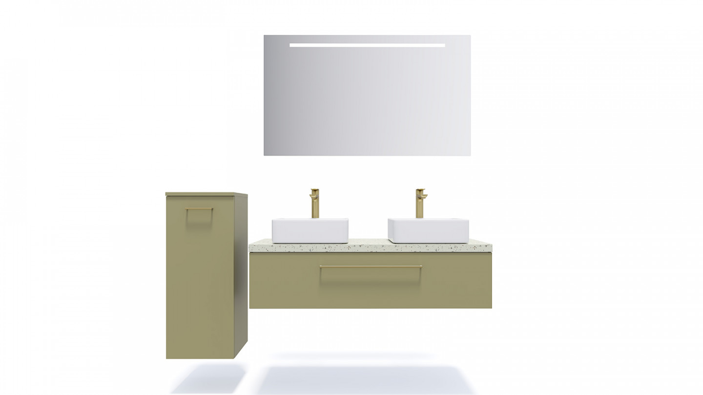 Meuble de salle de bain suspendu 2 vasques à poser 120cm 1 tiroir Vert olive + miroir - Osmose
