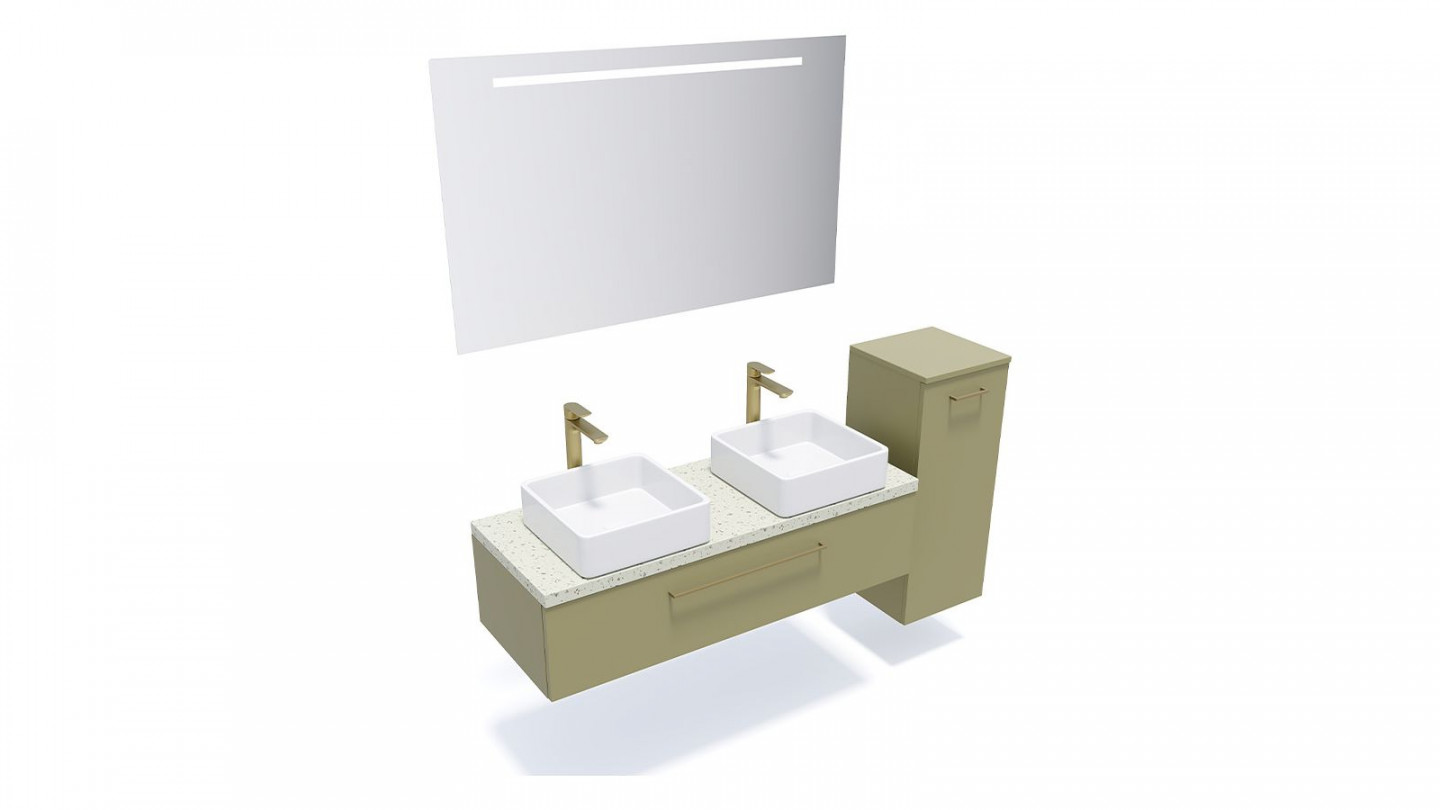 Meuble de salle de bain suspendu 2 vasques à poser 120cm 1 tiroir Vert olive + miroir + colonne ouverture droite - Osmose