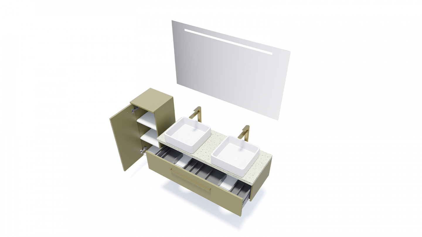 Meuble de salle de bain suspendu 2 vasques à poser 120cm 1 tiroir Vert olive + miroir + colonne ouverture gauche - Osmose