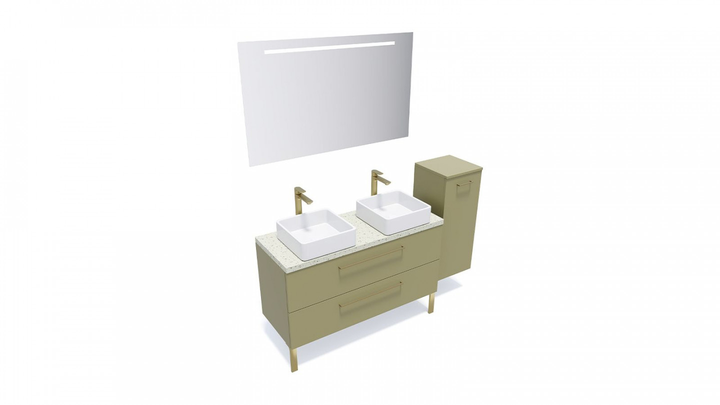 Meuble de salle de bain suspendu 2 vasques à poser 120cm 2 tiroirs Vert olive + miroir + colonne ouverture droite - Osmose