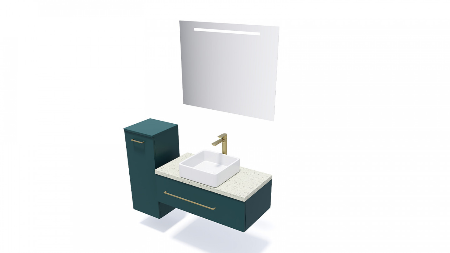 Meuble de salle de bain suspendu vasque à poser 90cm 1 tiroir Bleu + miroir + colonne ouverture gauche - Osmose
