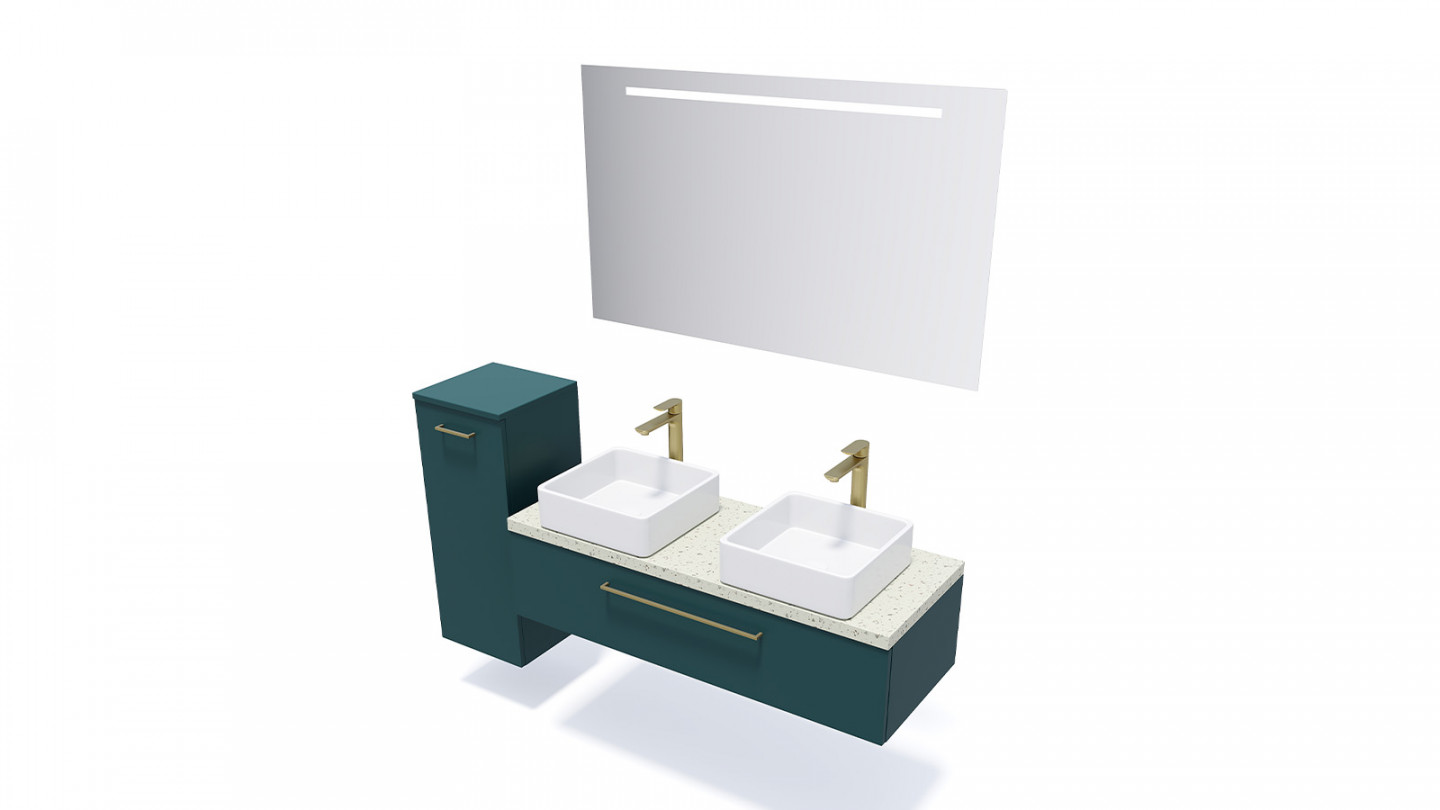 Meuble de salle de bain suspendu 2 vasques à poser 120cm 1 tiroir Bleu + miroir - Osmose