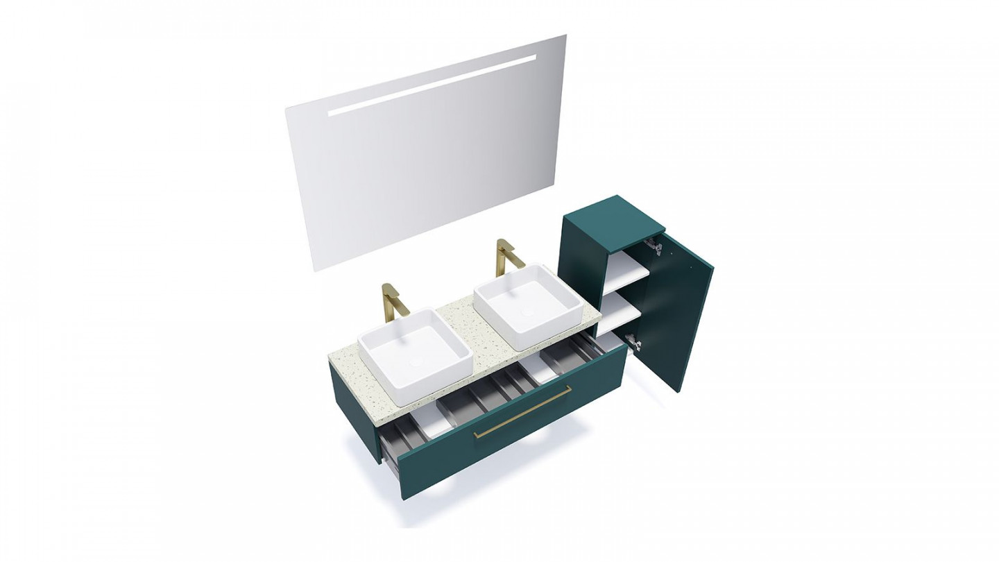 Meuble de salle de bain suspendu 2 vasques à poser 120cm 1 tiroir Bleu + miroir + colonne ouverture droite - Osmose