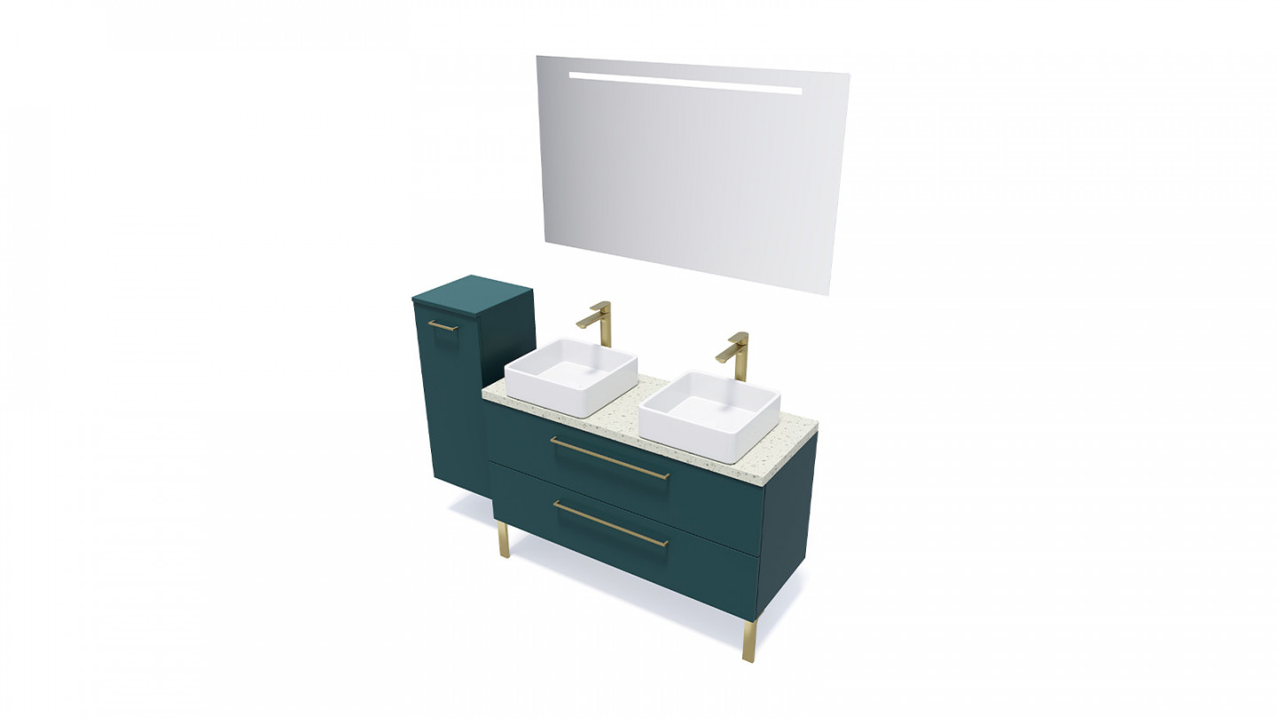 Meuble de salle de bain suspendu 2 vasques à poser 120cm 2 tiroirs Bleu + miroir + colonne ouverture gauche - Osmose