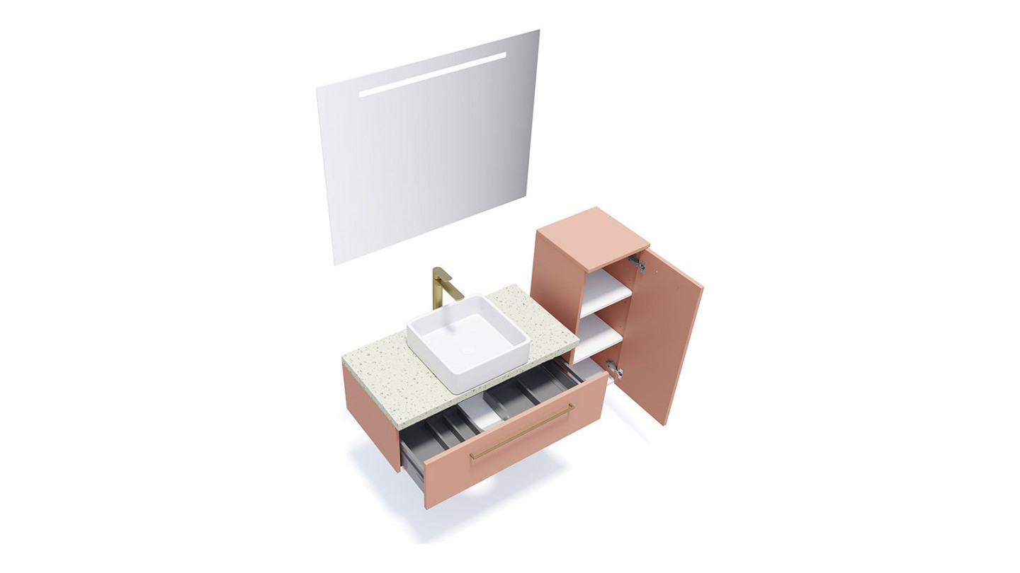 Meuble de salle de bain suspendu vasque à poser 90cm 1 tiroir Abricot + miroir + colonne ouverture droite - Osmose