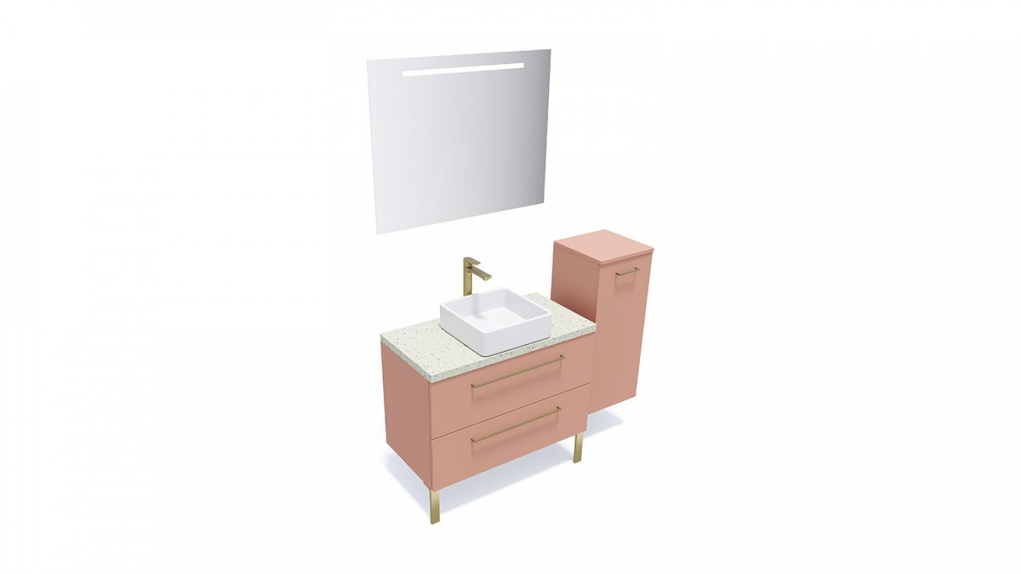 Meuble de salle de bain suspendu vasque à poser 90cm 2 tiroirs Abricot + miroir + colonne ouverture droite - Osmose