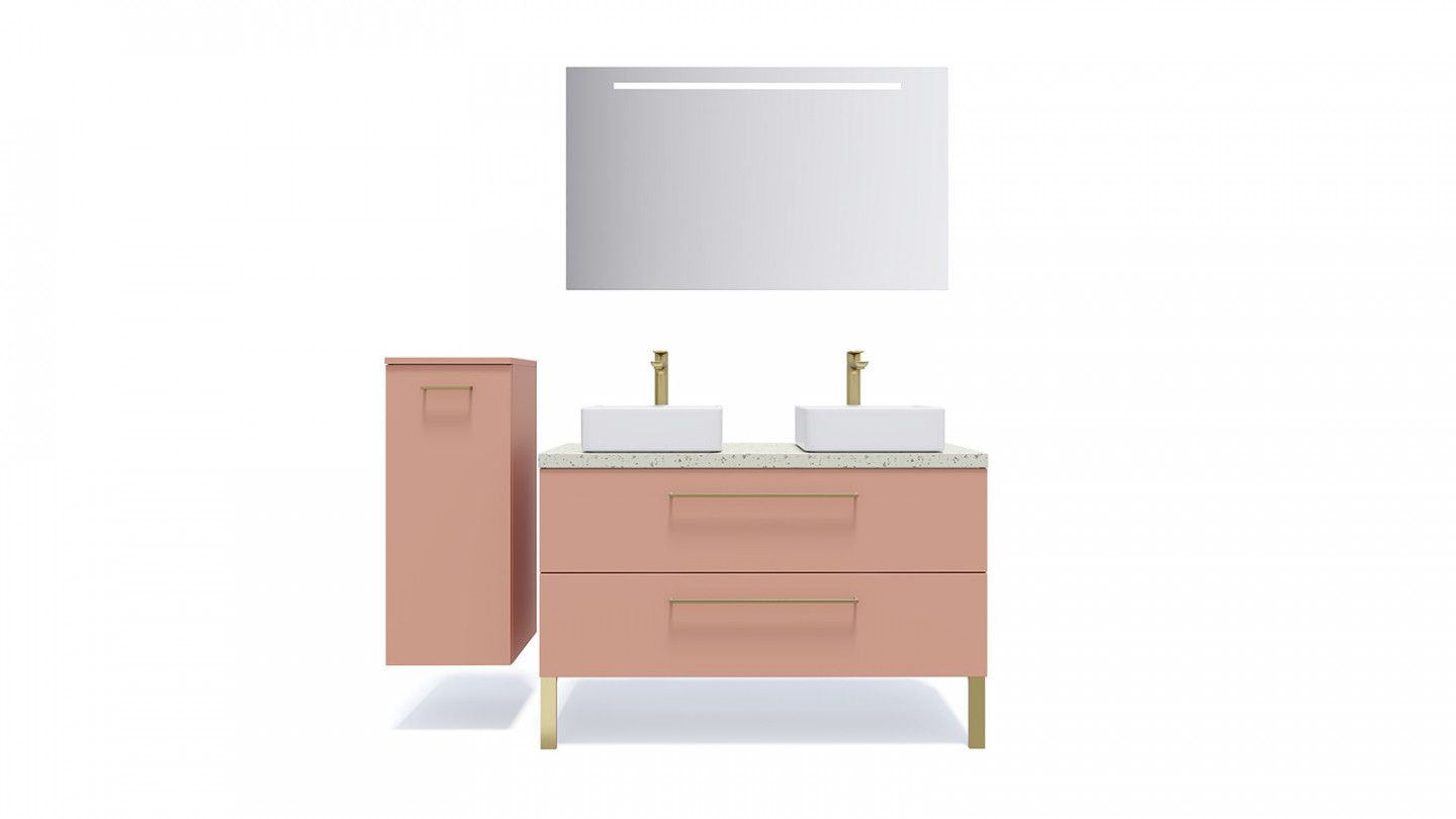 Meuble de salle de bain suspendu 2 vasques à poser 120cm 2 tiroirs Abricot + miroir + colonne ouverture gauche - Osmose