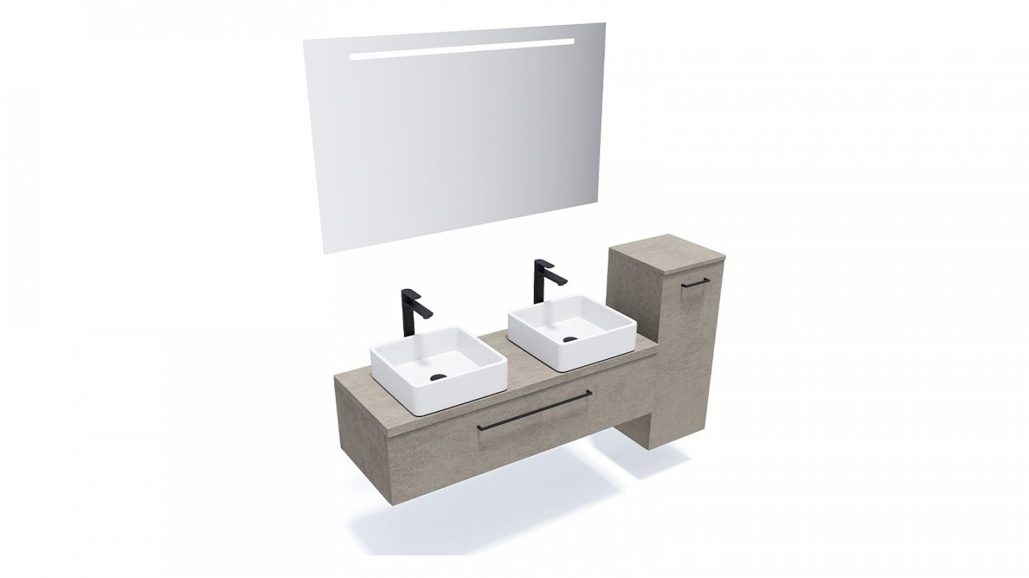 Meuble de salle de bain suspendu 2 vasques à poser 120cm 1 tiroir façon Béton + miroir + colonne ouverture droite - Osmose