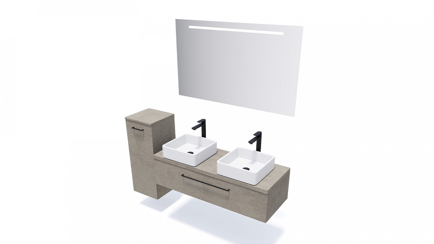 Meuble de salle de bain suspendu 2 vasques à poser 120cm 1 tiroir façon Béton + miroir + colonne ouverture gauche - Osmose