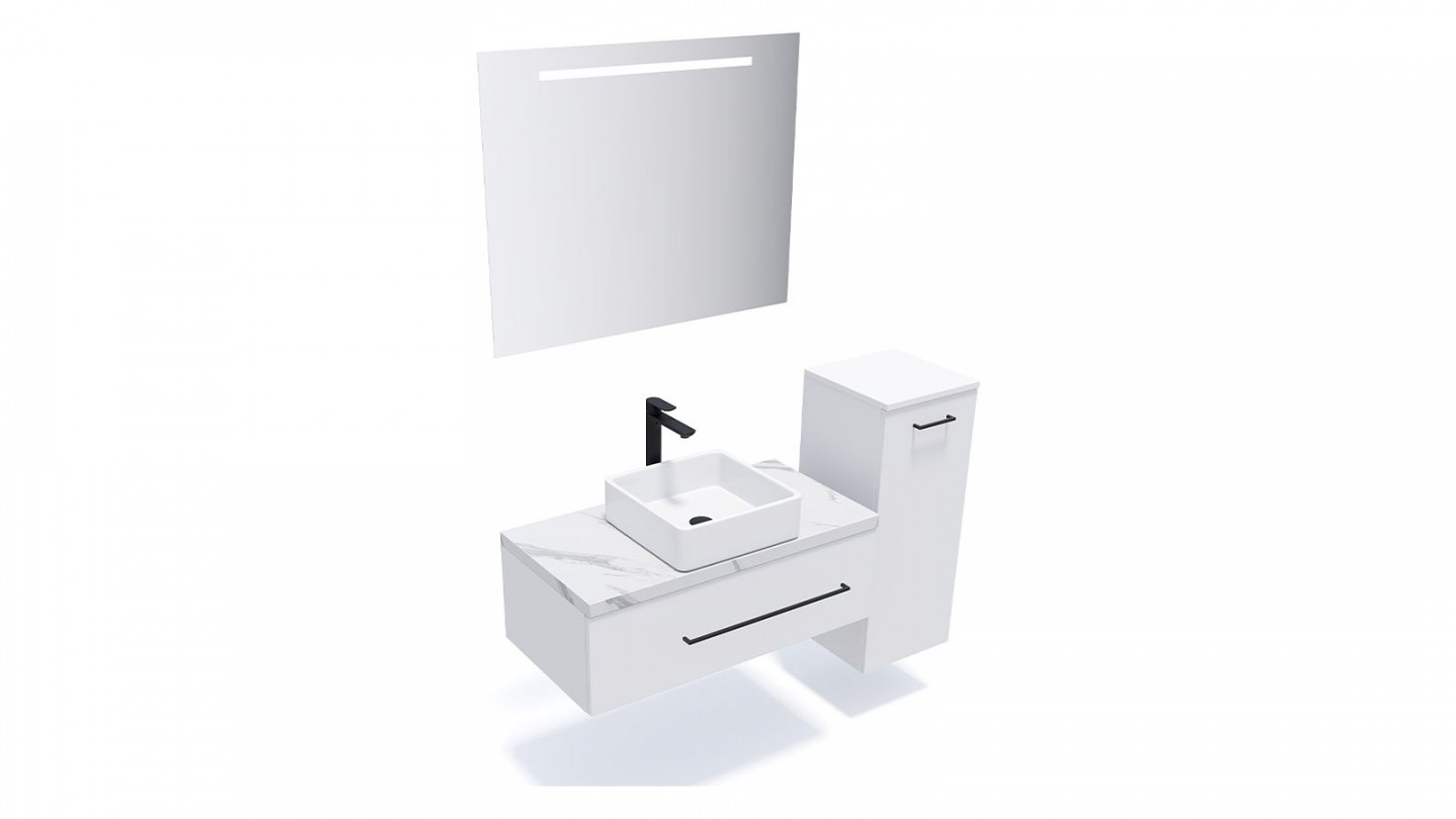 Meuble de salle de bain suspendu vasque à poser 90cm 1 tiroir Blanc + miroir + colonne ouverture droite - Osmose