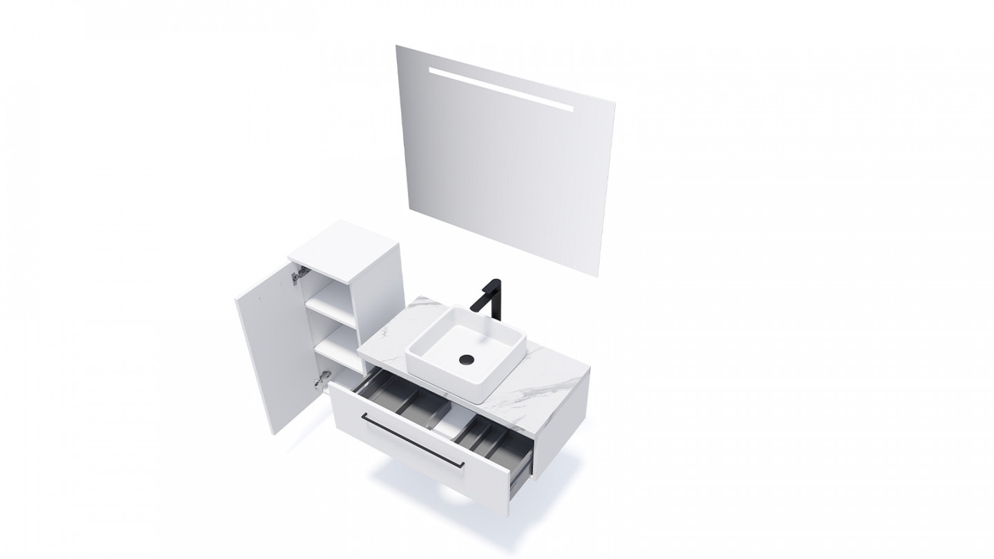 Meuble de salle de bain suspendu vasque à poser 90cm 1 tiroir Blanc + miroir + colonne ouverture gauche - Osmose