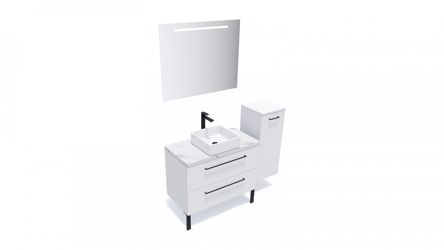 Meuble de salle de bain suspendu vasque à poser 90cm 2 tiroirs Blanc + miroir + colonne ouverture droite - Osmose