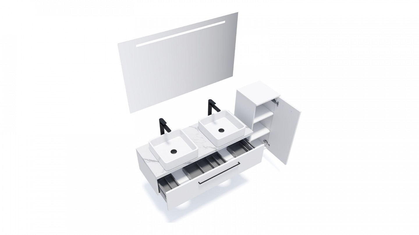 Meuble de salle de bain suspendu 2 vasques à poser 120cm 1 tiroir Blanc + miroir + colonne ouverture droite - Osmose