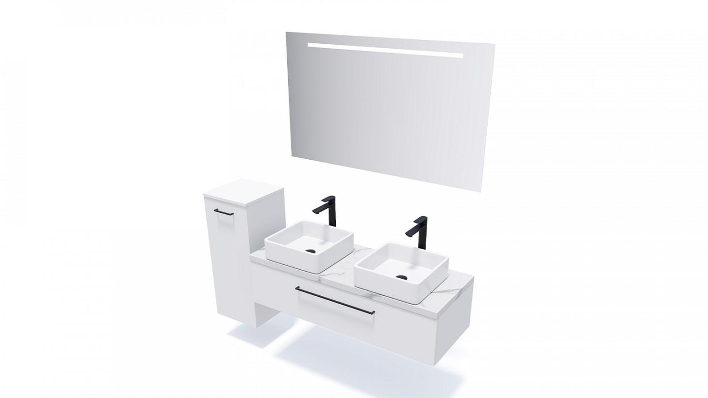 Meuble de salle de bain suspendu 2 vasques à poser 120cm 1 tiroir Blanc + miroir + colonne ouverture gauche - Osmose