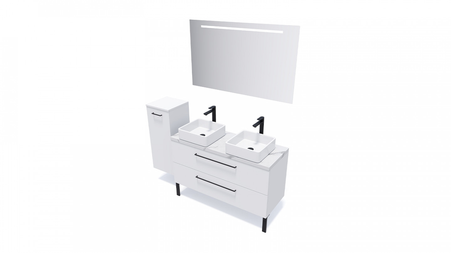 Meuble de salle de bain suspendu 2 vasques à poser 120cm 2 tiroirs Blanc + miroir + colonne ouverture gauche - Osmose