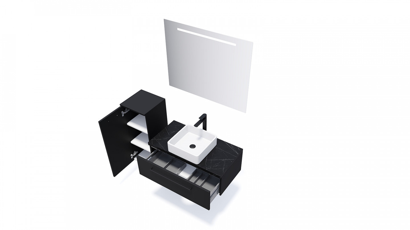 Meuble de salle de bain suspendu vasque à poser 90cm 1 tiroir Noir + miroir - Osmose