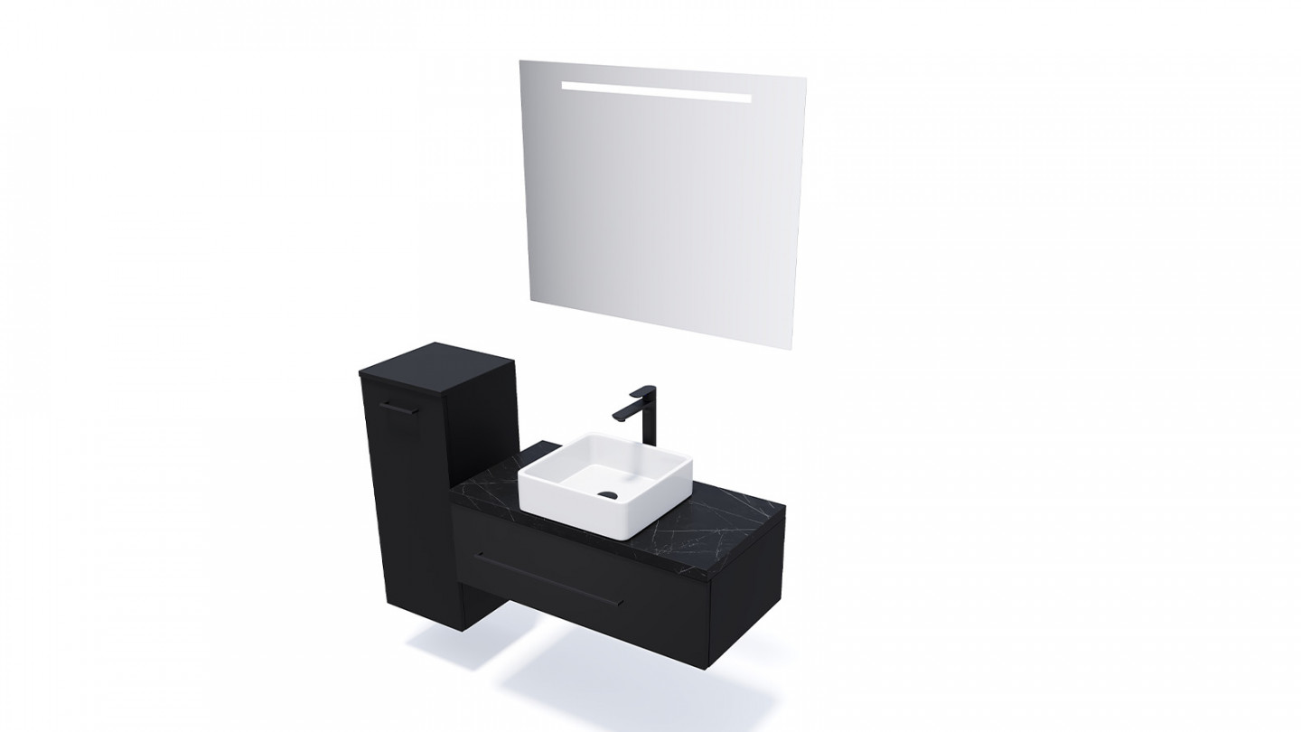Meuble de salle de bain suspendu vasque à poser 90cm 1 tiroir Noir + miroir + colonne ouverture gauche - Osmose