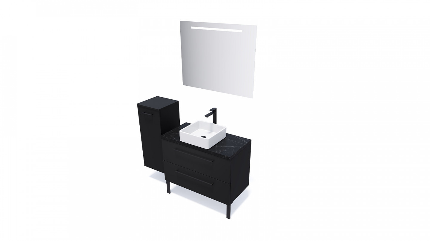 Meuble de salle de bain suspendu vasque à poser 90cm 2 tiroirs Noir + miroir + colonne ouverture gauche - Osmose