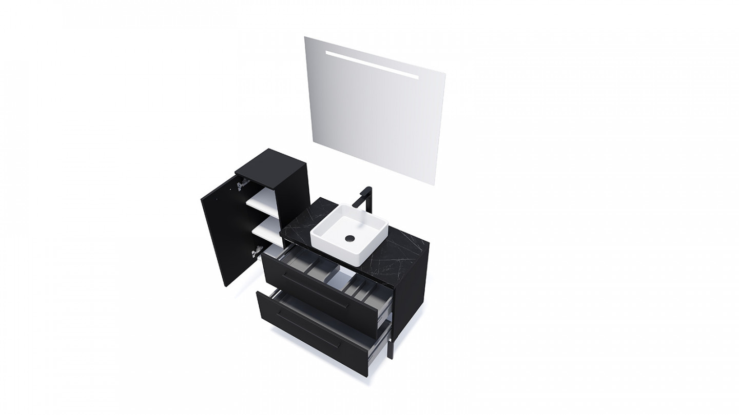 Meuble de salle de bain suspendu vasque à poser 90cm 2 tiroirs Noir + miroir + colonne ouverture gauche - Osmose
