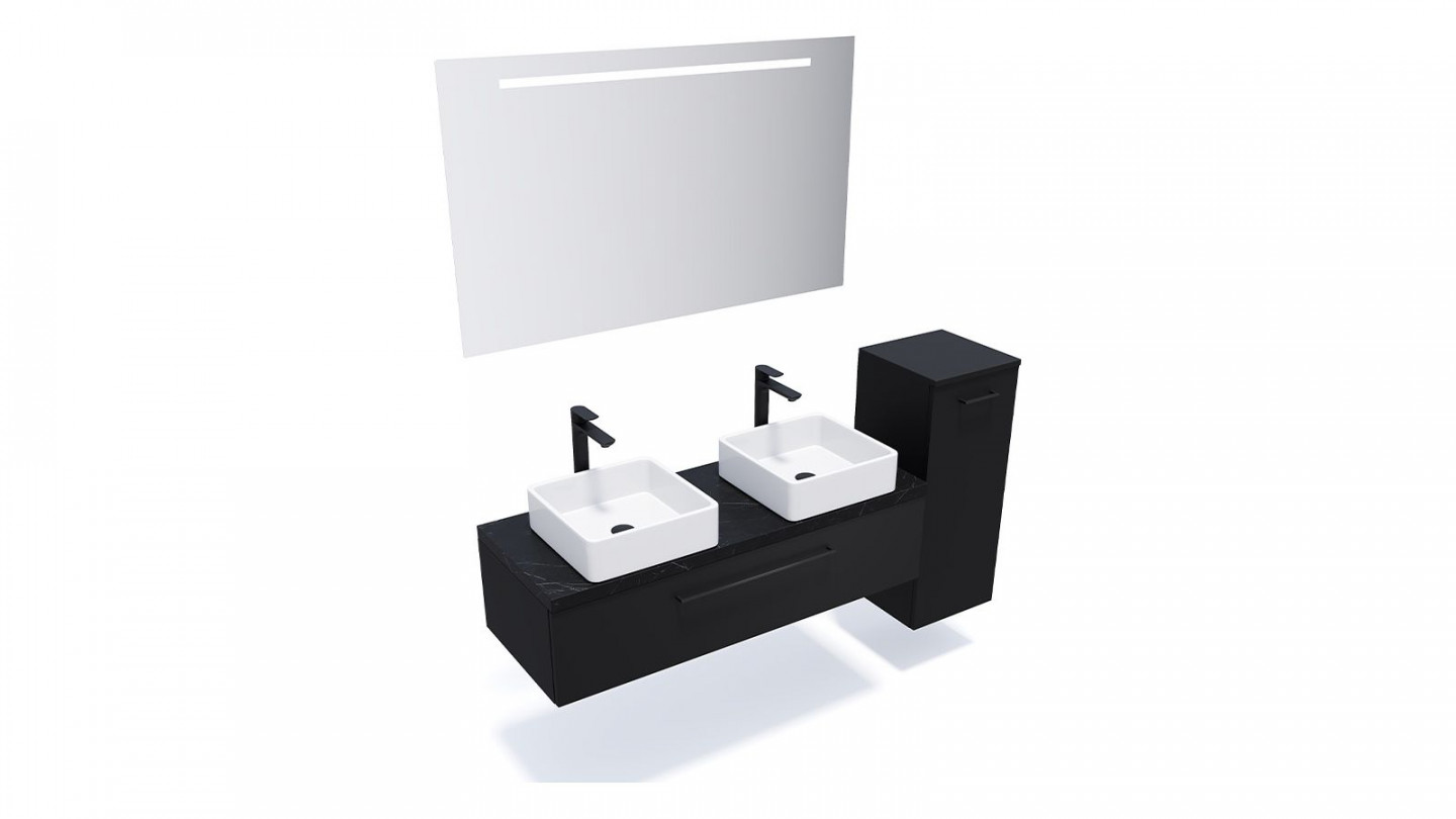 Meuble de salle de bain suspendu 2 vasques à poser 120cm 1 tiroir Noir + miroir + colonne ouverture droite - Osmose