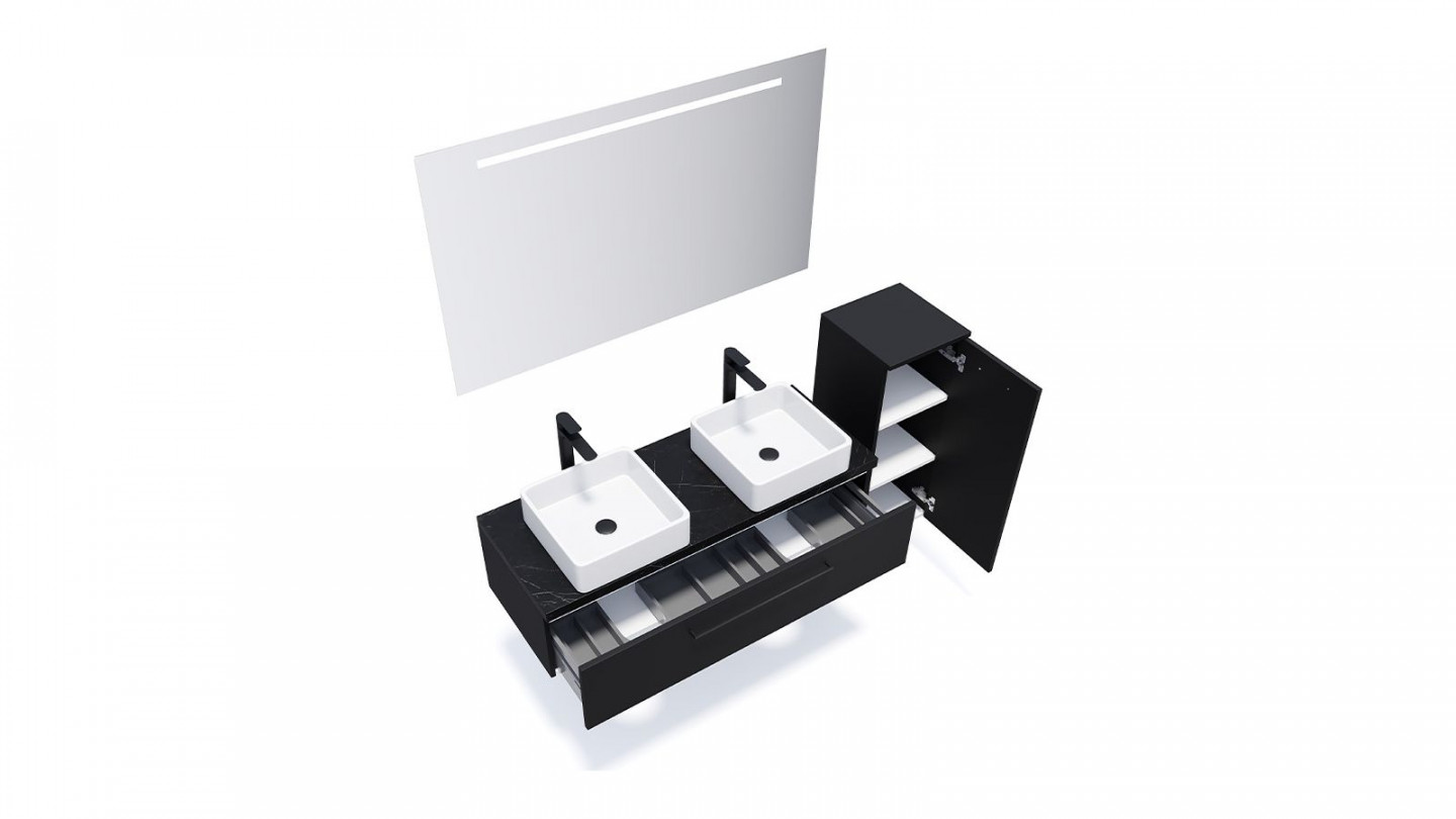 Meuble de salle de bain suspendu 2 vasques à poser 120cm 1 tiroir Noir + miroir + colonne ouverture droite - Osmose