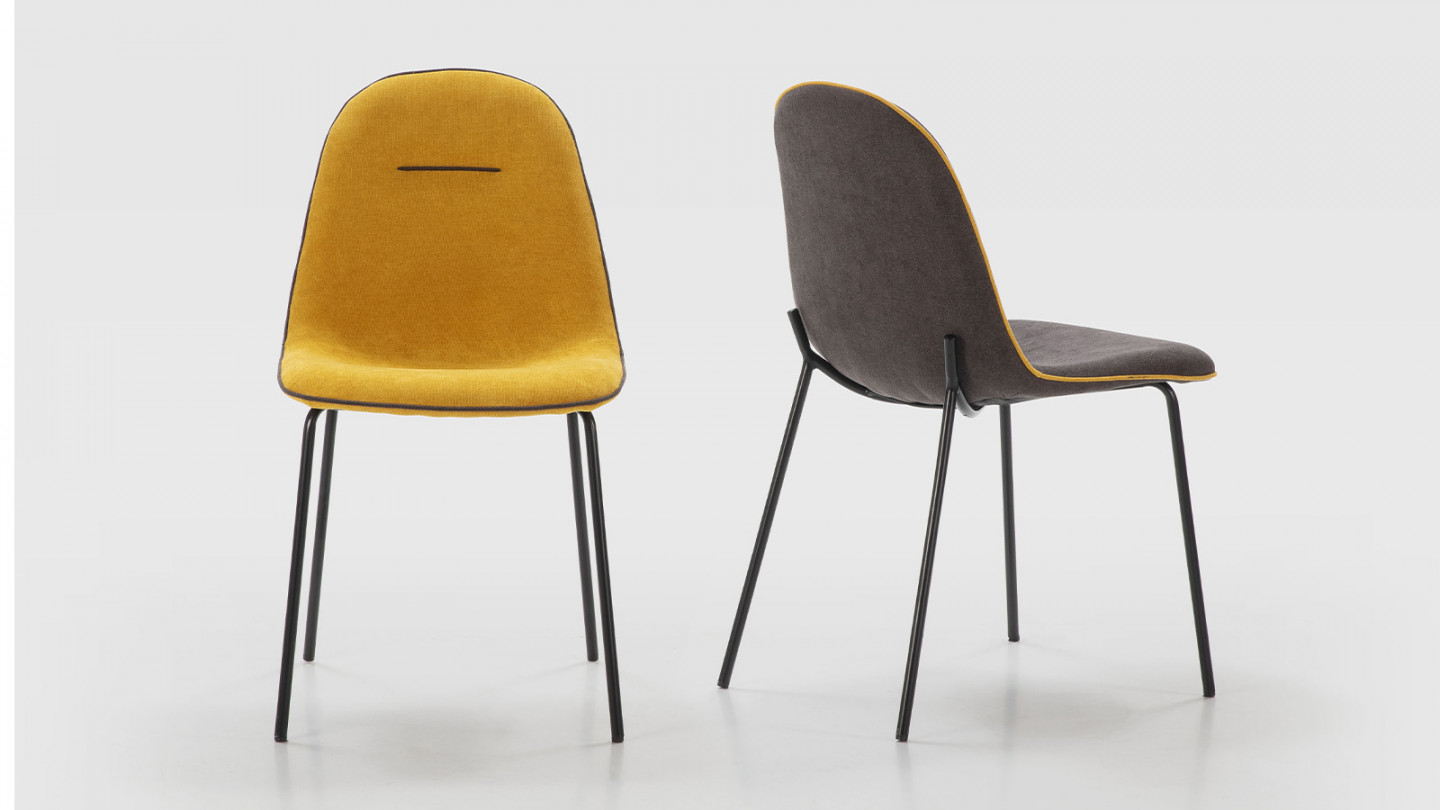 Lot de 4 chaises en tissu jaune moutarde avec liseré gris gris - Thelma