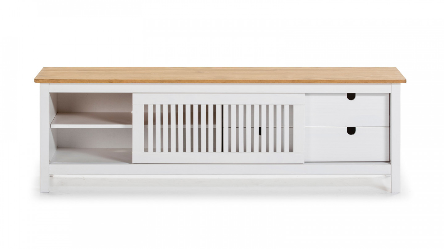 Meuble TV 1 porte coulissante 2 tiroirs en pin massif blanc / effet chêne 158 cm - Fabia